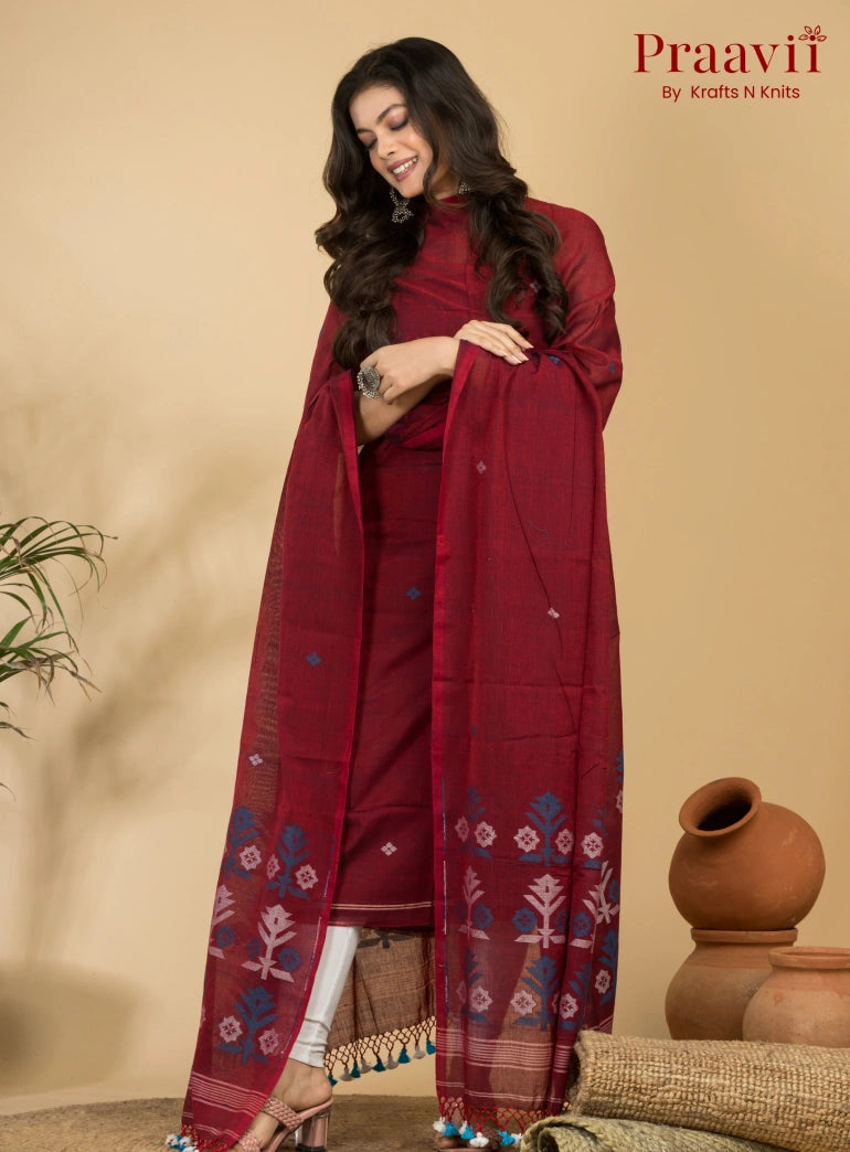 Mahogany Unstitched Cotton Handwoven Jamdani Suit Set