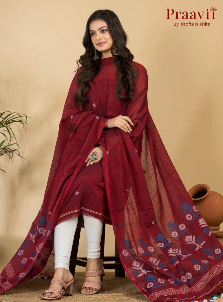 Mahogany Unstitched Cotton Handwoven Jamdani Suit Set