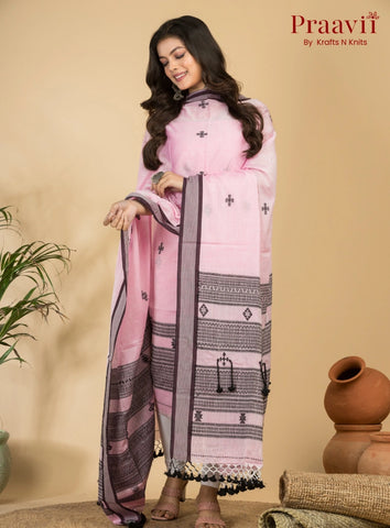 Light Pink Unstitched Cotton Handwoven Jamdani Suit Set