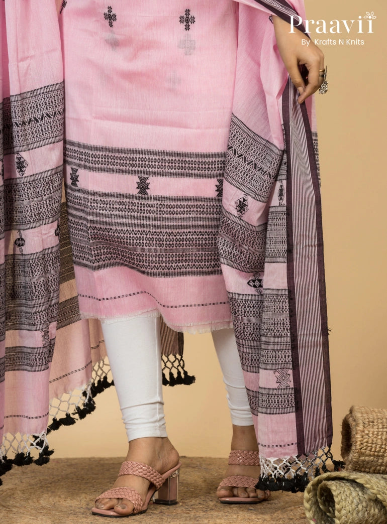 Light Pink Unstitched Cotton Handwoven Jamdani Suit Set