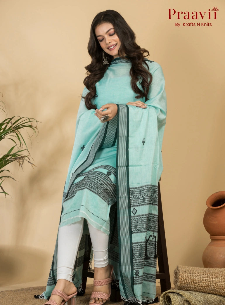 Light Cyan Color Unstitched Cotton Handwoven Jamdani Suit Set