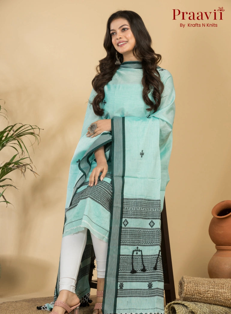 Light Cyan Color Unstitched Cotton Handwoven Jamdani Suit Set