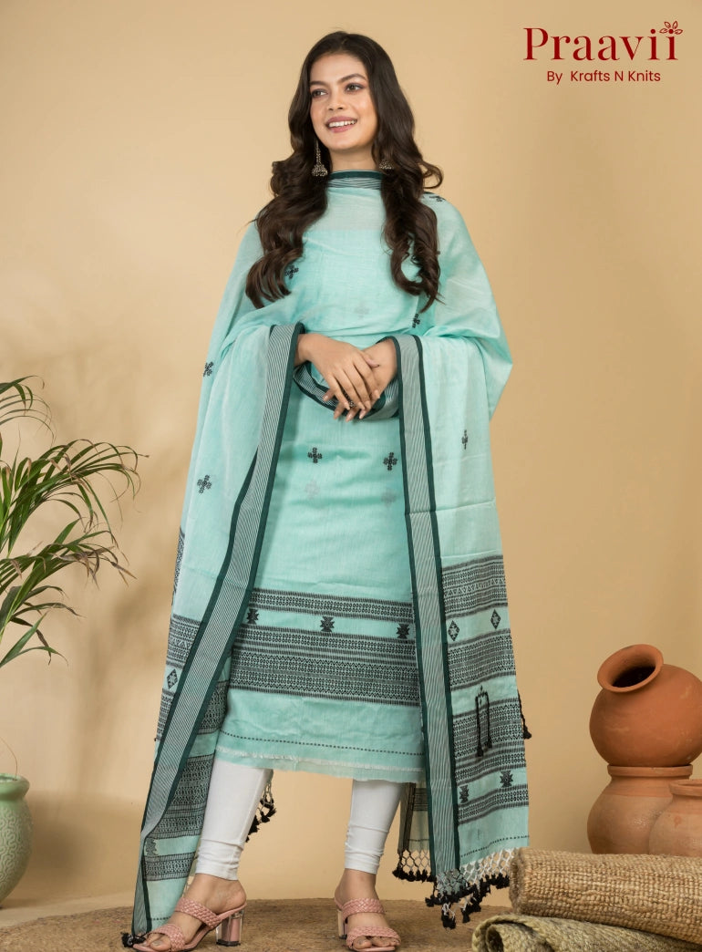 Light Cyan Color Unstitched Cotton Handwoven Jamdani Suit Set