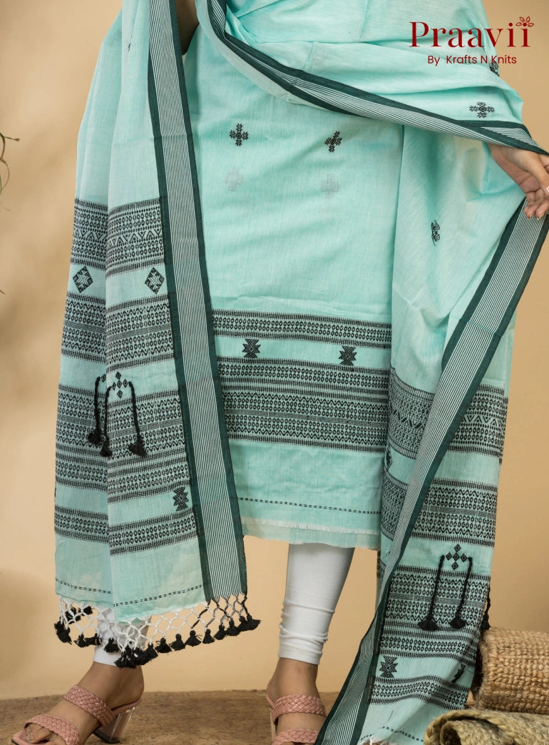 Light Cyan Color Unstitched Cotton Handwoven Jamdani Suit Set