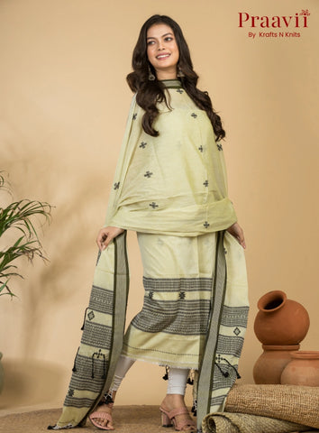 Creamy White Color Unstitched Cotton Handwoven Jamdani Suit Set