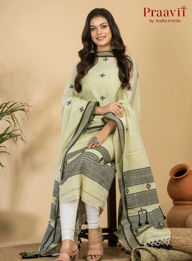 Creamy White Color Unstitched Cotton Handwoven Jamdani Suit Set
