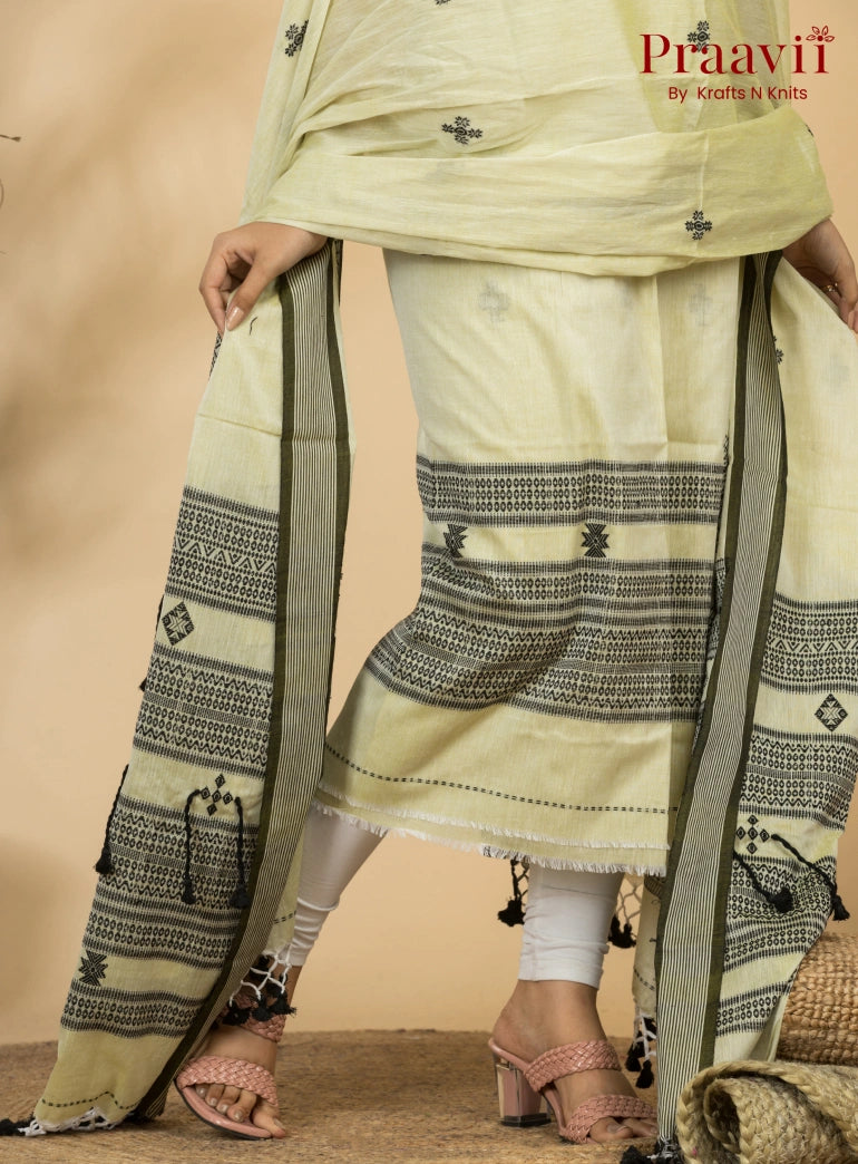 Creamy White Color Unstitched Cotton Handwoven Jamdani Suit Set