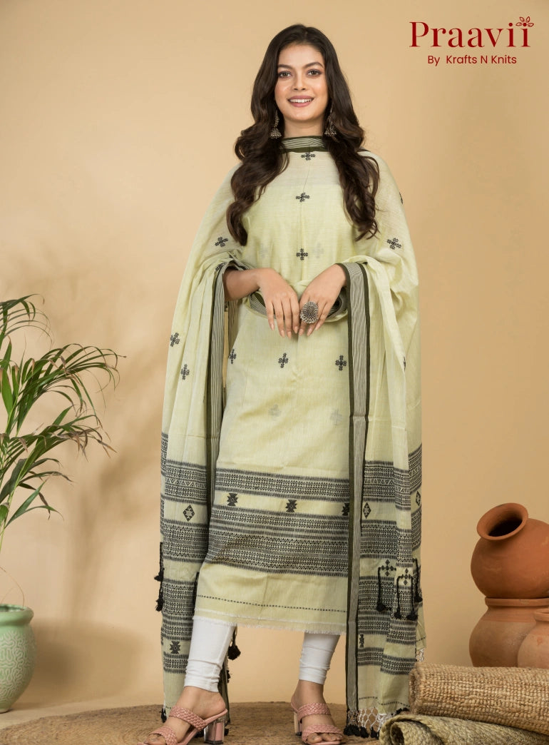 Creamy White Color Unstitched Cotton Handwoven Jamdani Suit Set