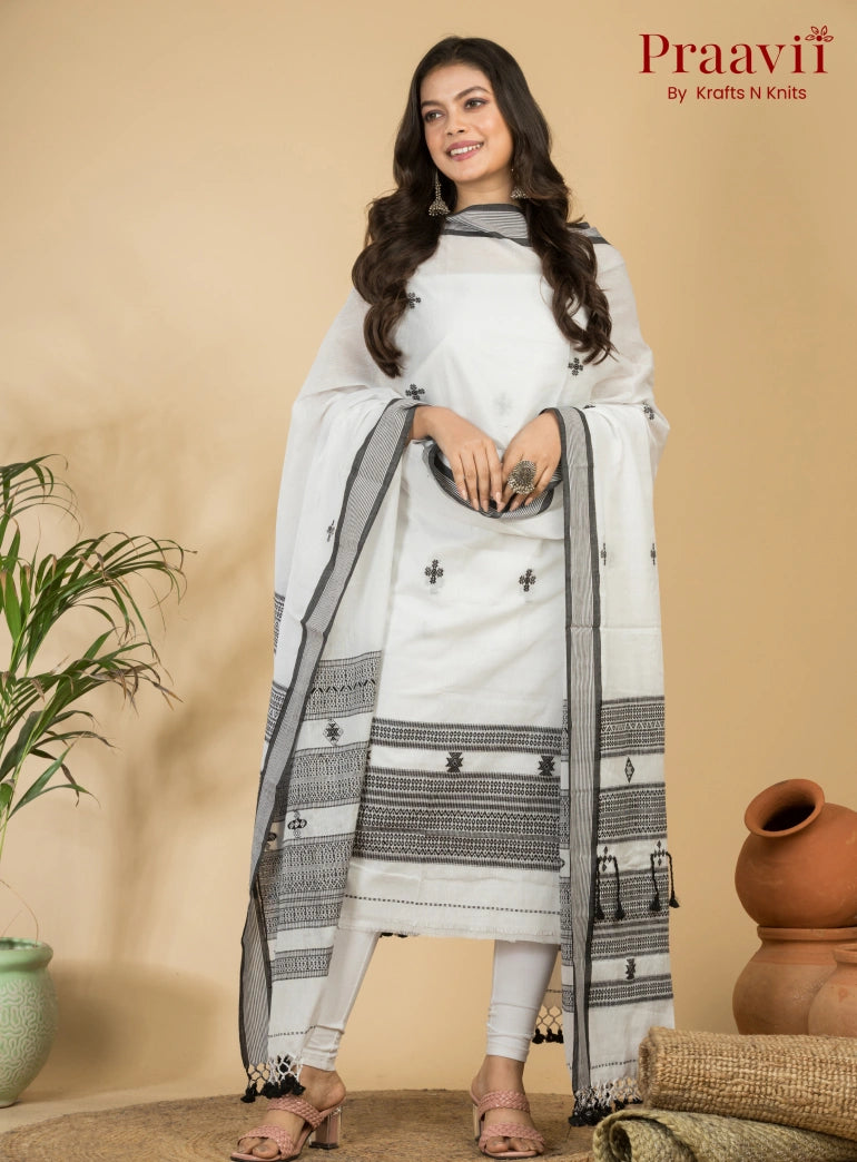 Prestine White Color Unstitched Cotton Handwoven Jamdani Suit Set