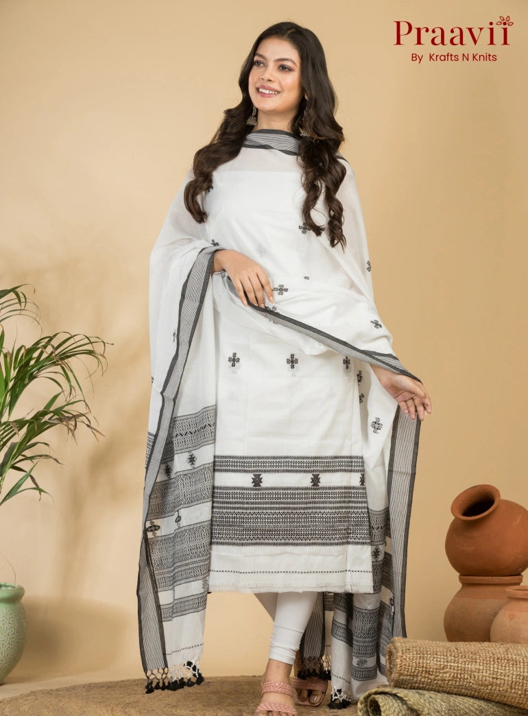 Prestine White Color Unstitched Cotton Handwoven Jamdani Suit Set