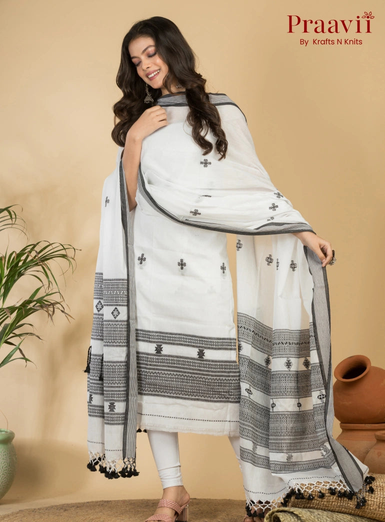 Prestine White Color Unstitched Cotton Handwoven Jamdani Suit Set