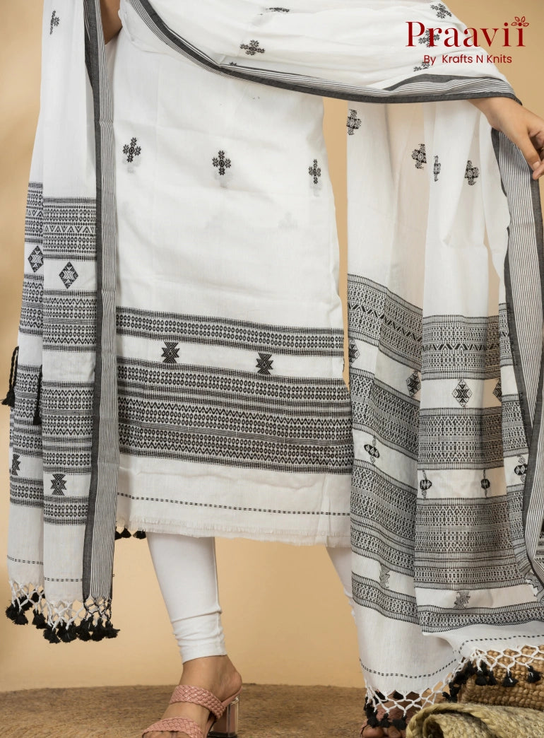 Prestine White Color Unstitched Cotton Handwoven Jamdani Suit Set