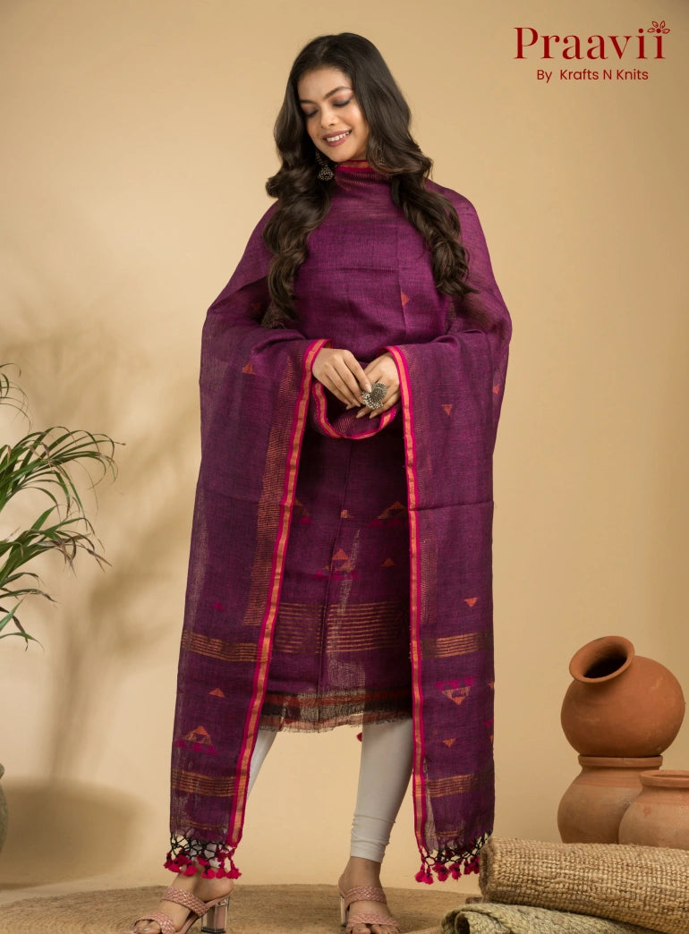 Classic Maroon Unstitched Linen Handwoven Jamdani Suit Set
