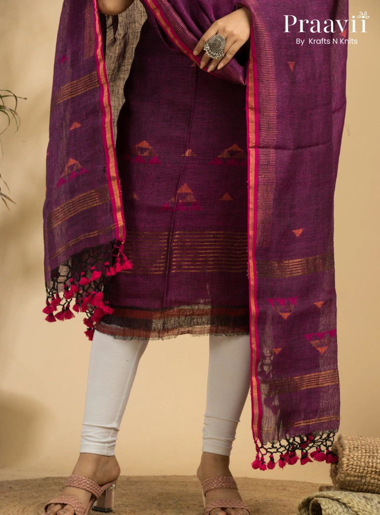 Classic Maroon Unstitched Linen Handwoven Jamdani Suit Set