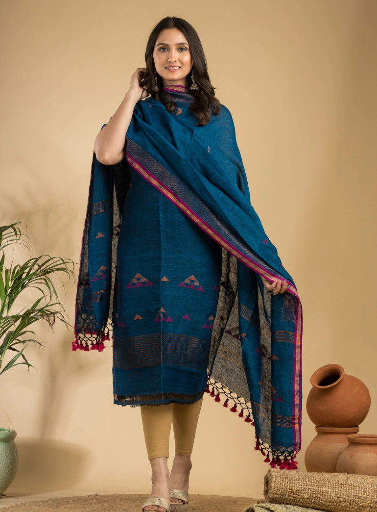 Cobalt Blue Unstitched Linen Handwoven Jamdani Suit Set
