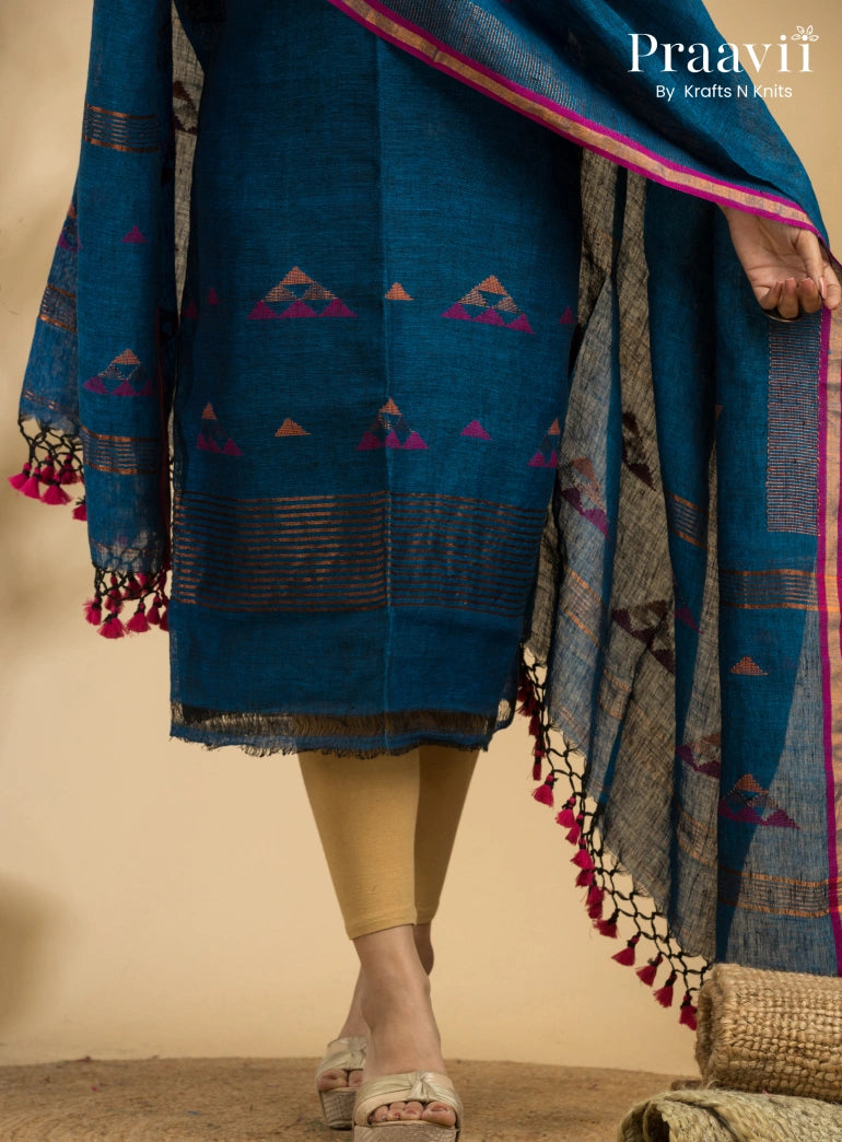 Cobalt Blue Unstitched Linen Handwoven Jamdani Suit Set