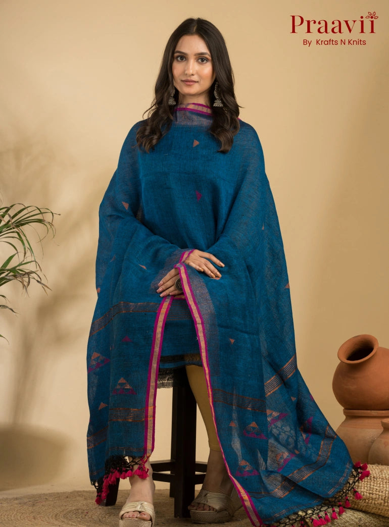 Cobalt Blue Unstitched Linen Handwoven Jamdani Suit Set