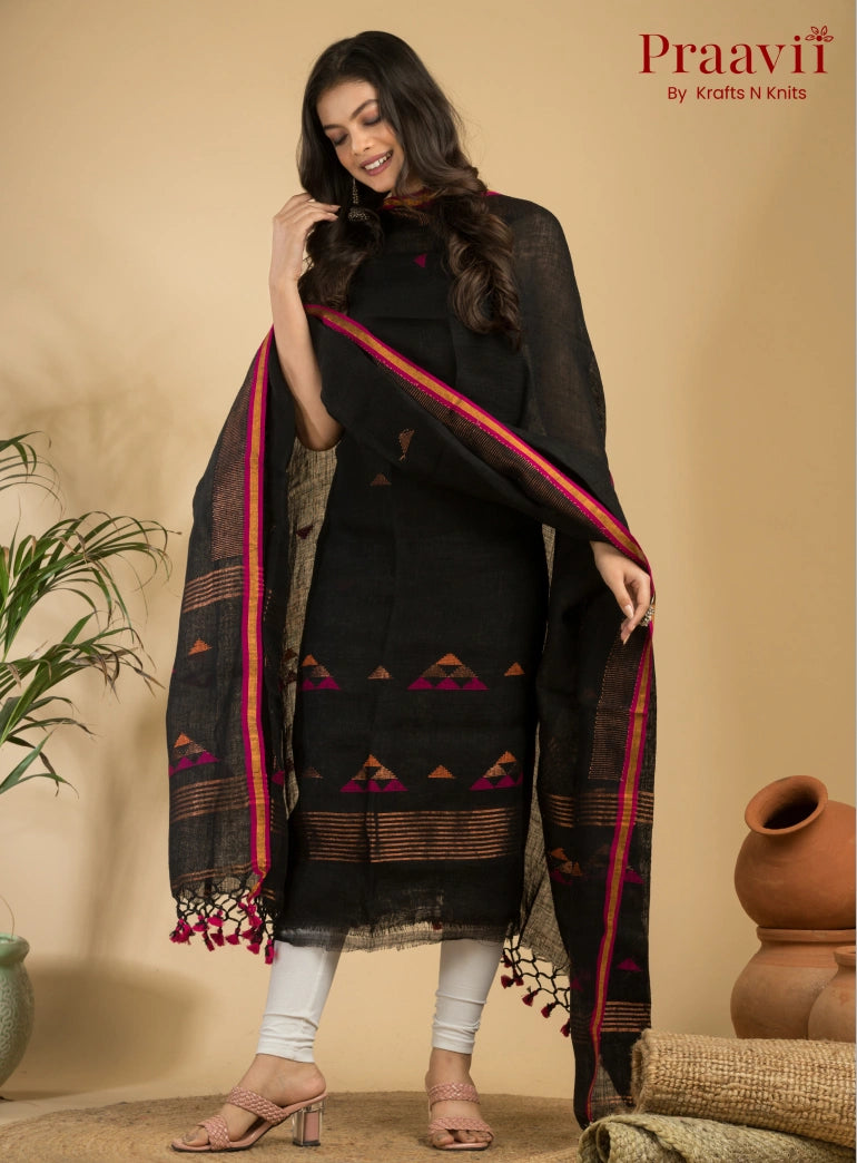 Rich Black Unstitched Linen Handwoven Jamdani Suit Set