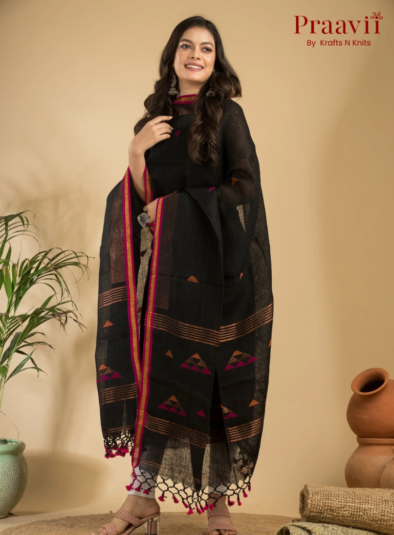 Rich Black Unstitched Linen Handwoven Jamdani Suit Set