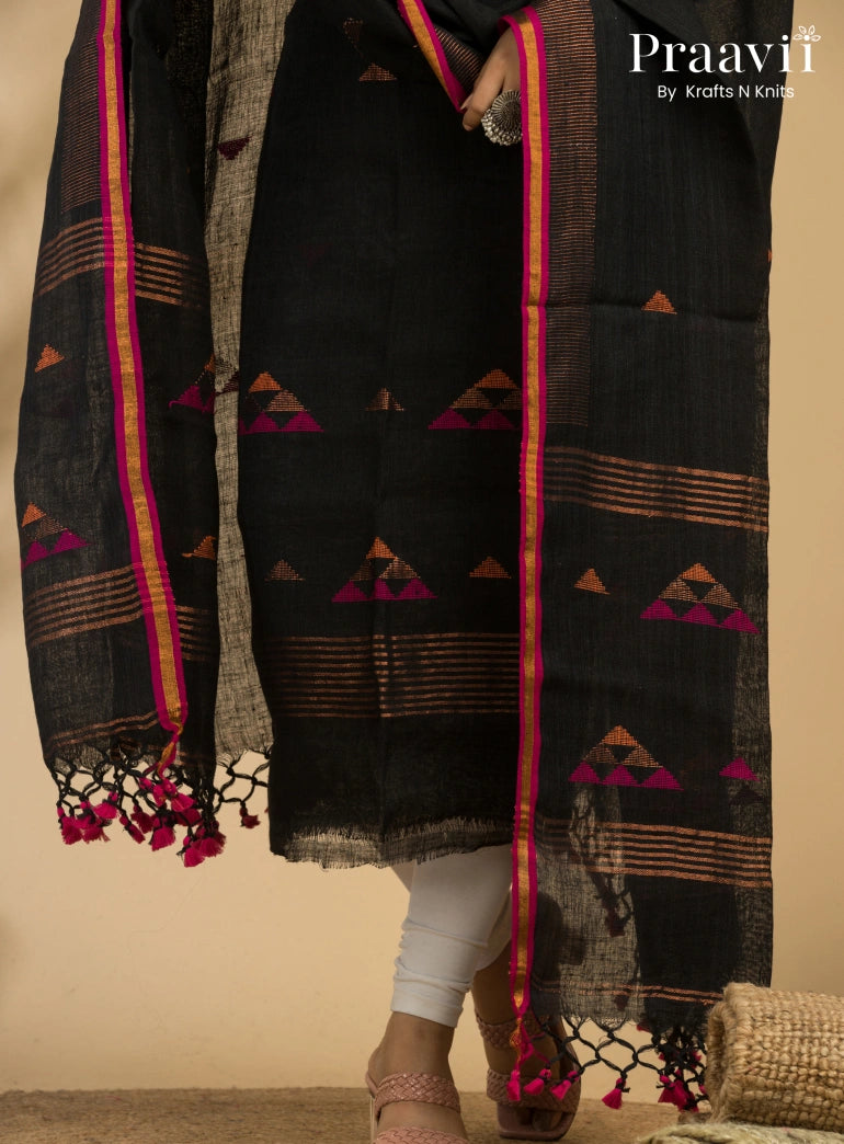 Rich Black Unstitched Linen Handwoven Jamdani Suit Set