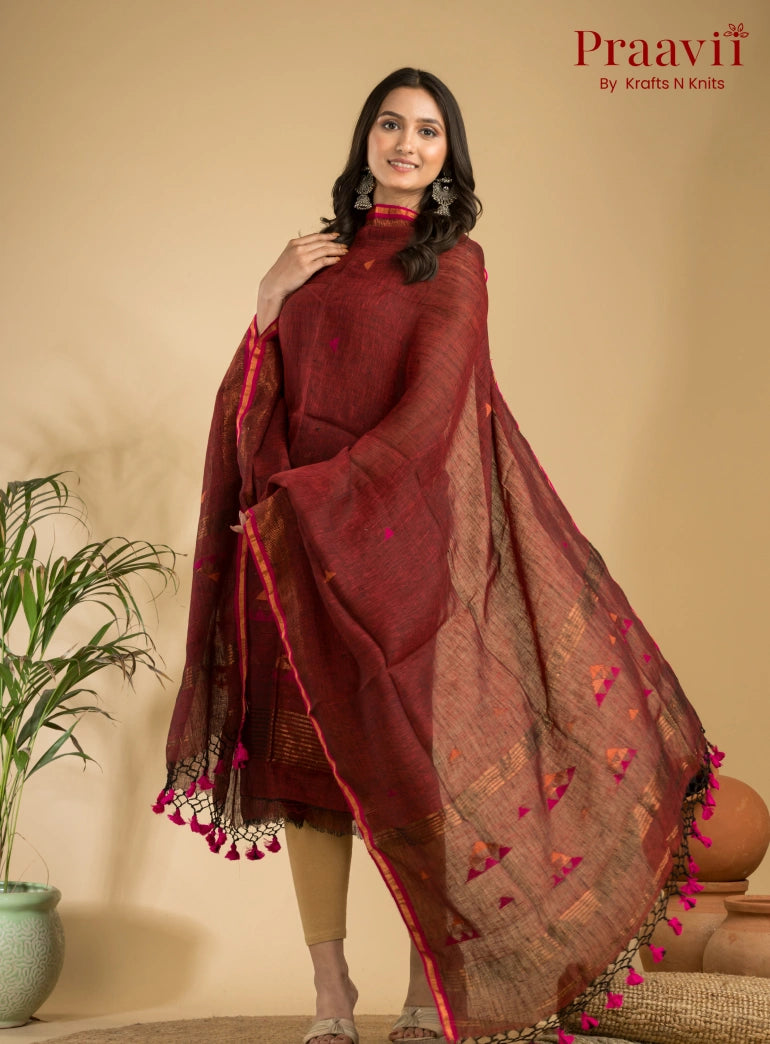 Rust Brown Unstitched Linen Handwoven Jamdani Suit Set