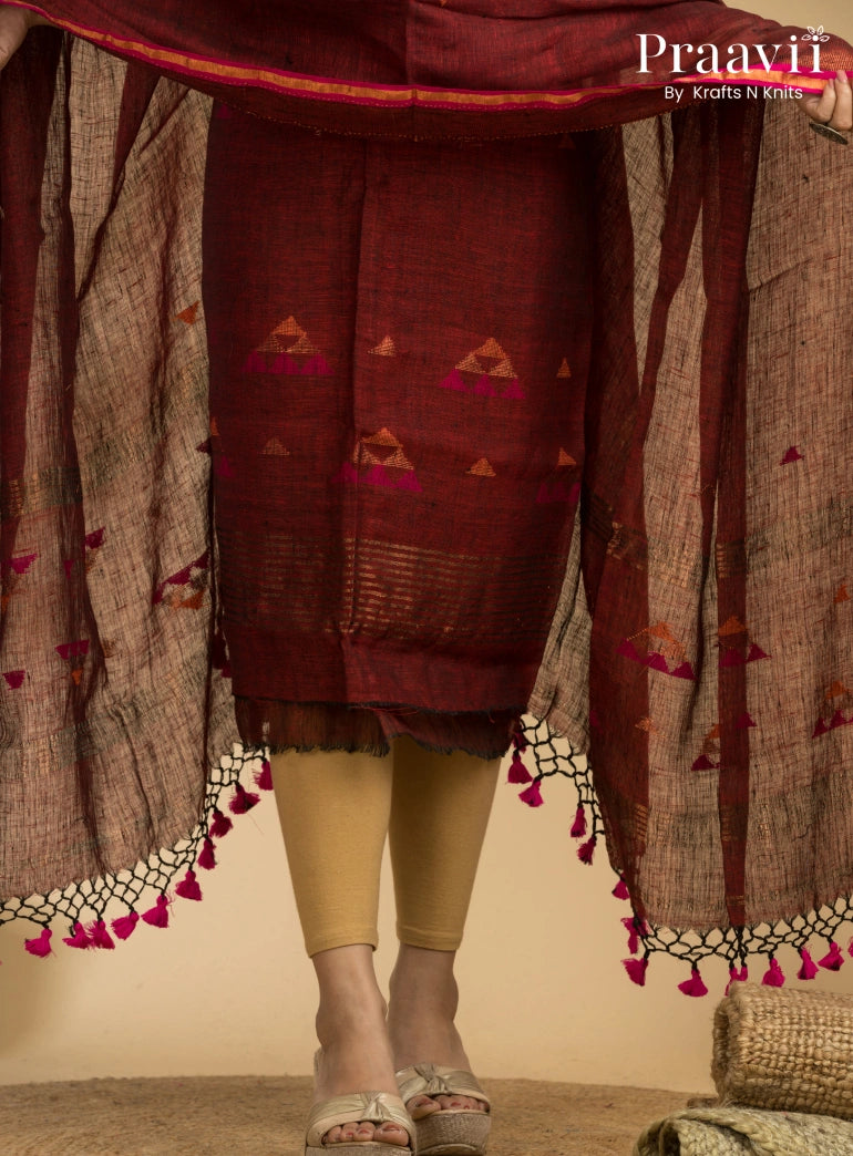 Rust Brown Unstitched Linen Handwoven Jamdani Suit Set
