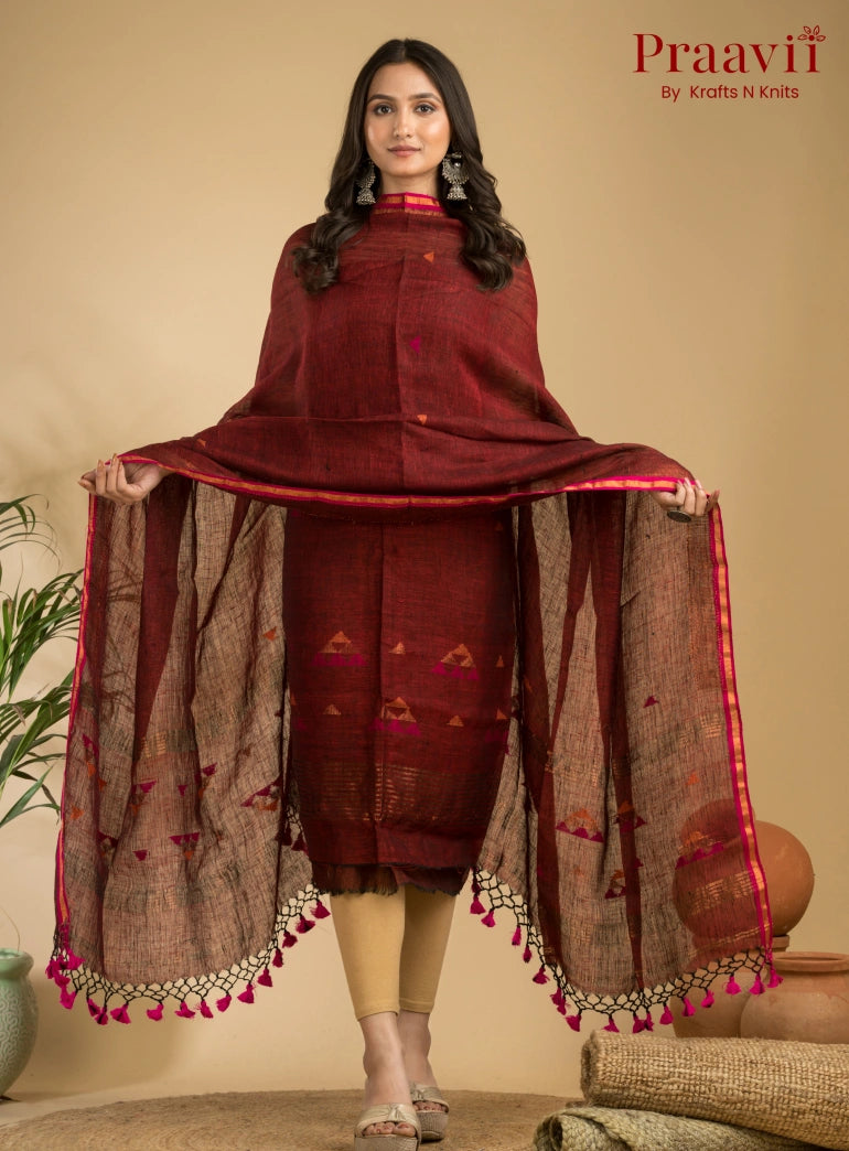 Rust Brown Unstitched Linen Handwoven Jamdani Suit Set