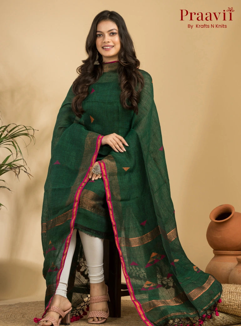Deep Green Unstitched Linen Handwoven Jamdani Suit Set
