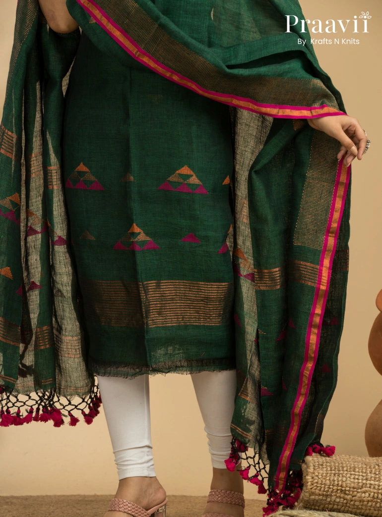 Deep Green Unstitched Linen Handwoven Jamdani Suit Set