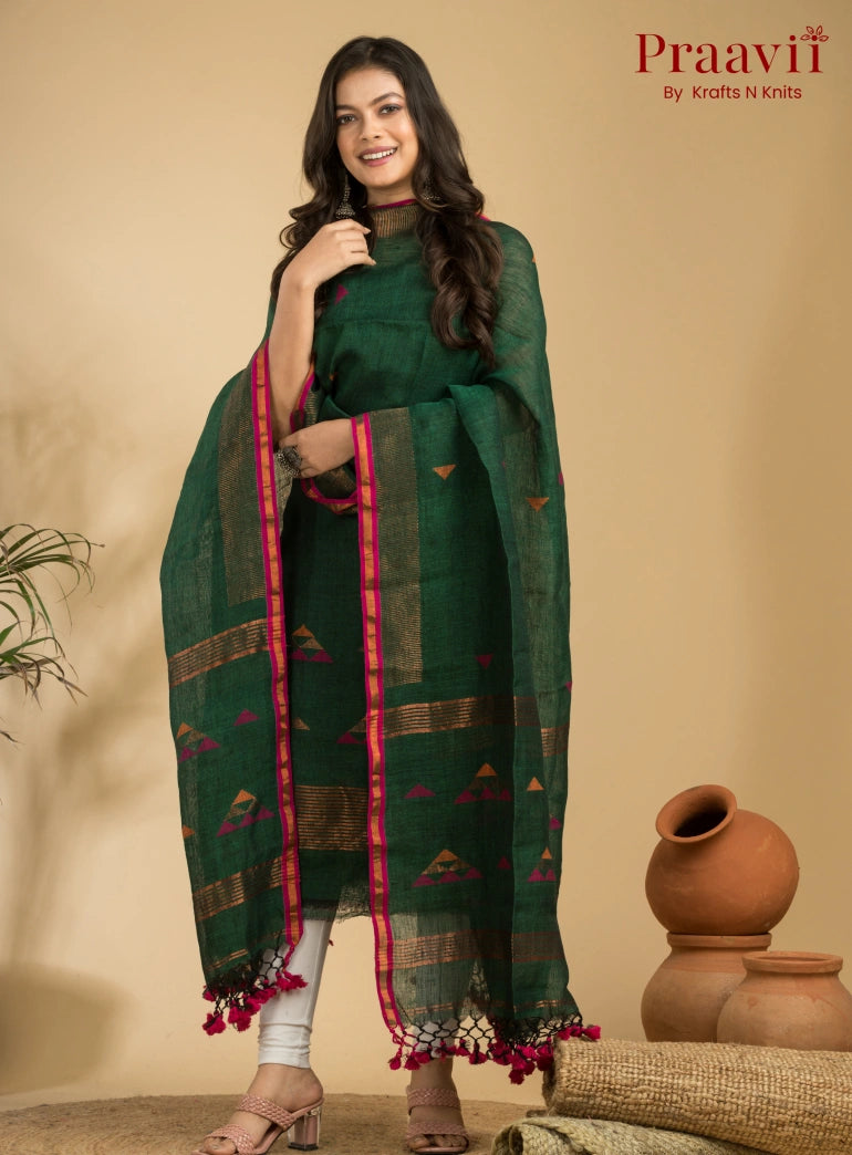Deep Green Unstitched Linen Handwoven Jamdani Suit Set