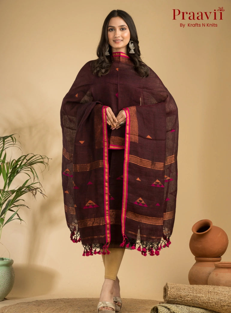 Dark Brown Unstitched Linen Handwoven Jamdani Suit Set