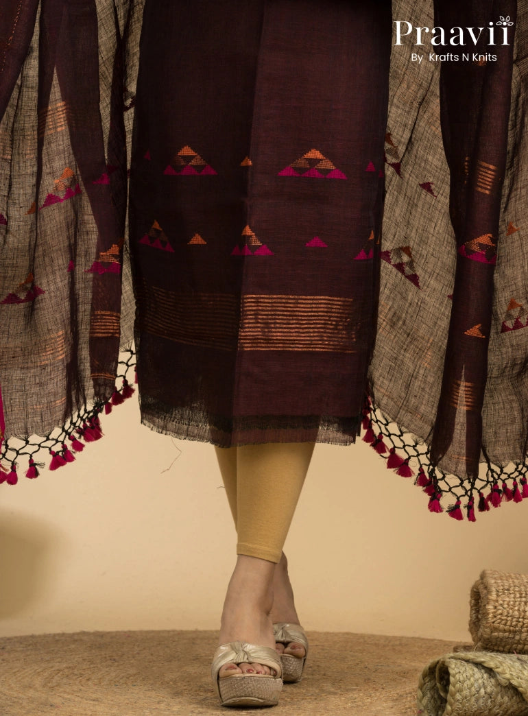 Dark Brown Unstitched Linen Handwoven Jamdani Suit Set