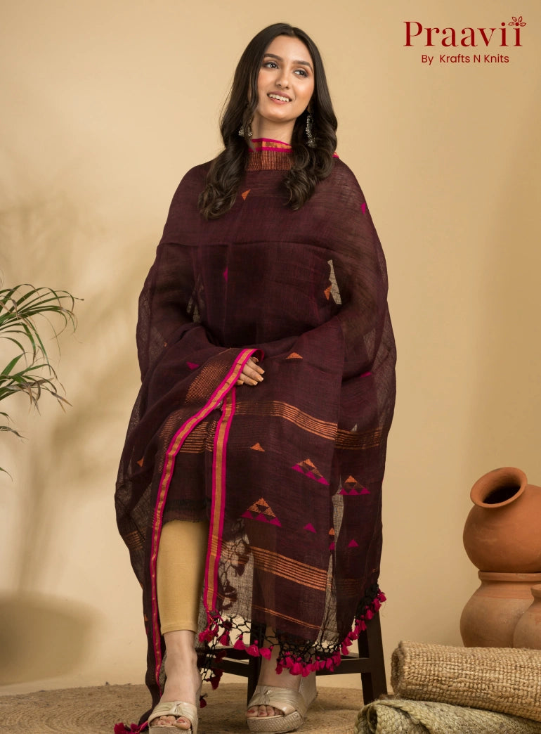 Dark Brown Unstitched Linen Handwoven Jamdani Suit Set