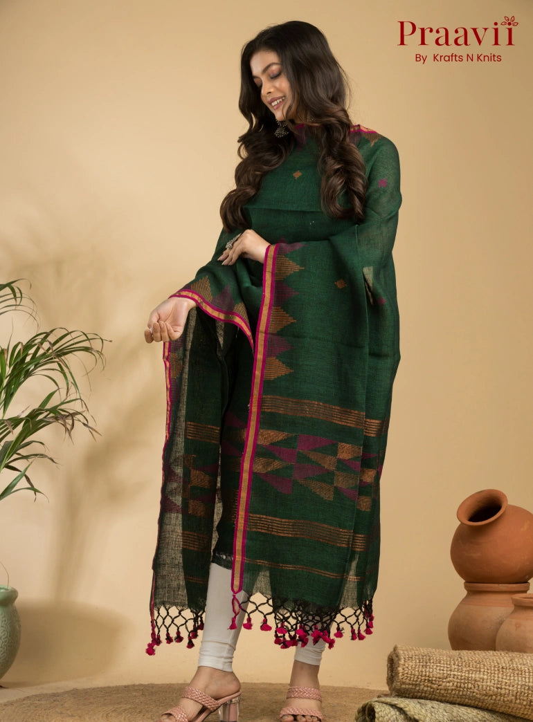 Pine Green Color Unstitched Linen Handwoven Jamdani Suit Set