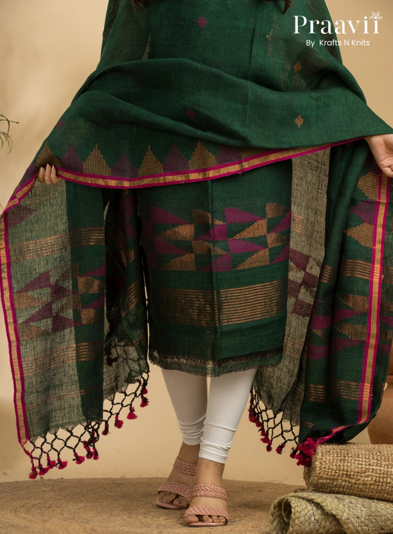 Pine Green Color Unstitched Linen Handwoven Jamdani Suit Set