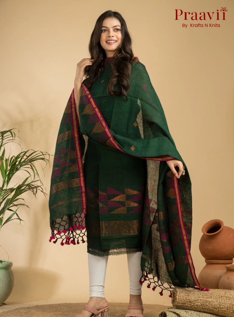 Pine Green Color Unstitched Linen Handwoven Jamdani Suit Set