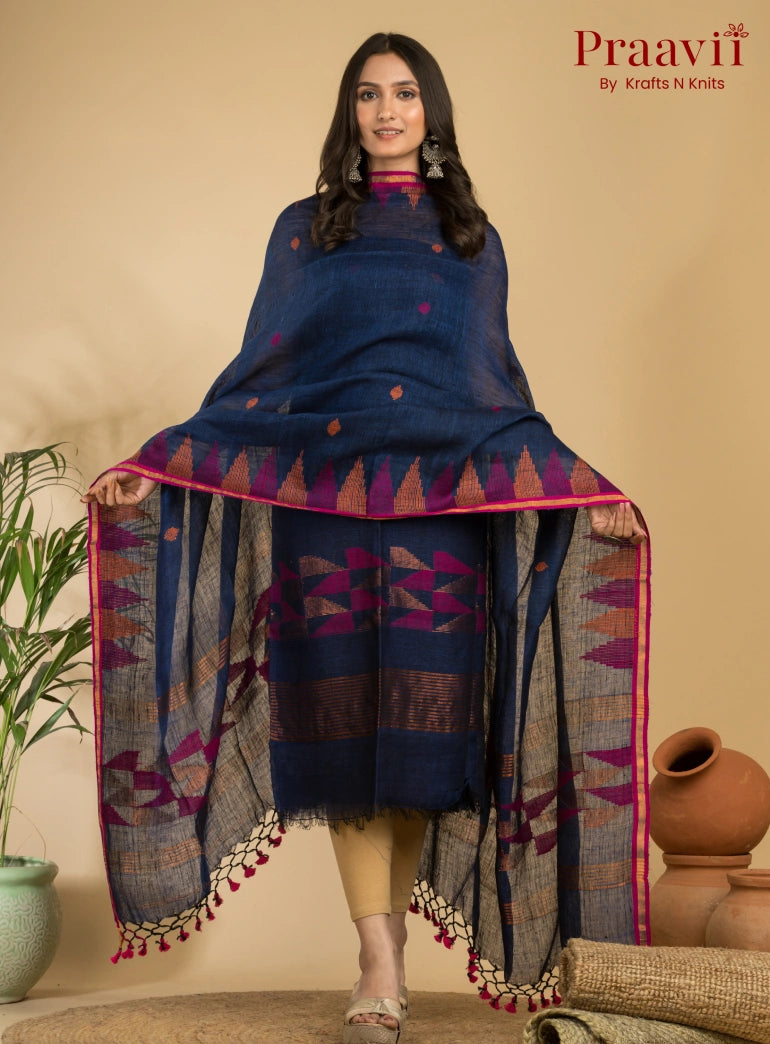 Cerulean Blue Unstitched Linen Handwoven Jamdani Suit Set