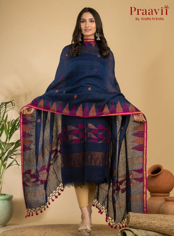 Cerulean Blue Unstitched Linen Handwoven Jamdani Suit Set