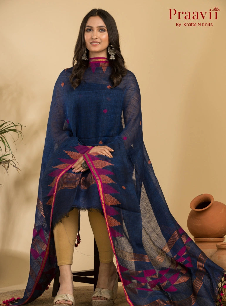 Cerulean Blue Unstitched Linen Handwoven Jamdani Suit Set