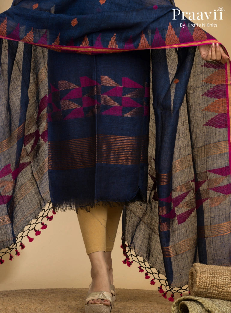 Cerulean Blue Unstitched Linen Handwoven Jamdani Suit Set