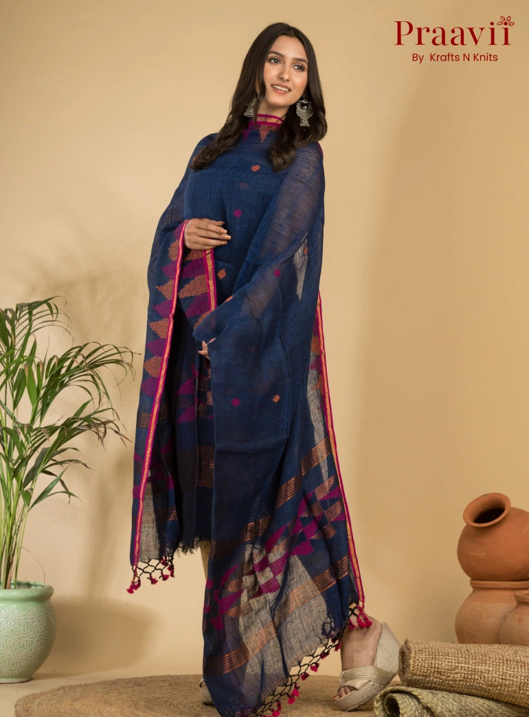 Cerulean Blue Unstitched Linen Handwoven Jamdani Suit Set