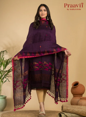 Plum Color Unstitched Pure Linen Handwoven Jamdani Suit Set