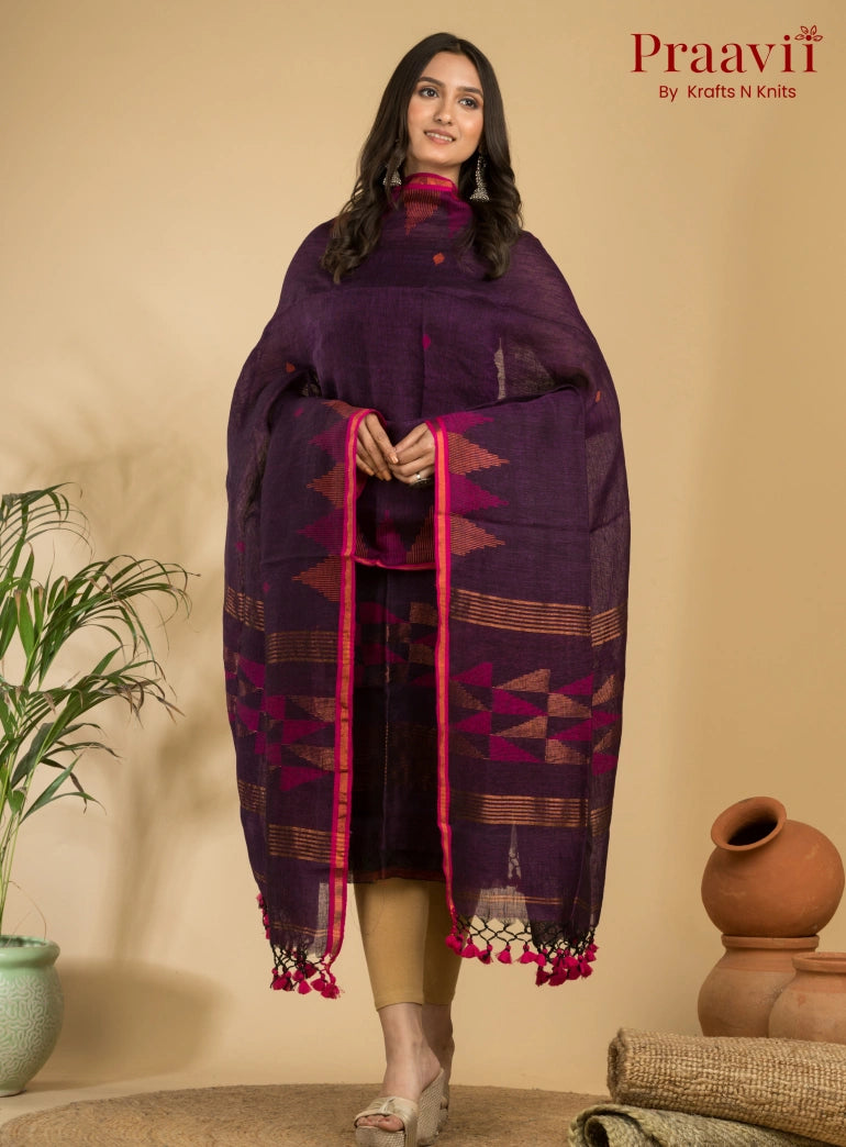 Plum Color Unstitched Pure Linen Handwoven Jamdani Suit Set