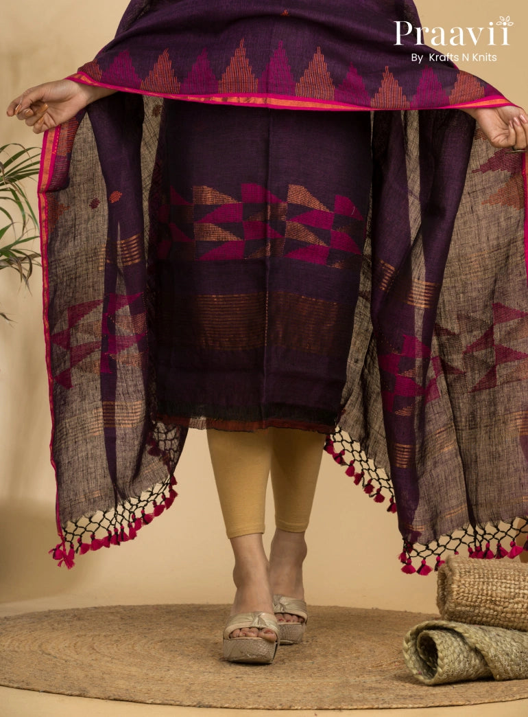 Plum Color Unstitched Pure Linen Handwoven Jamdani Suit Set