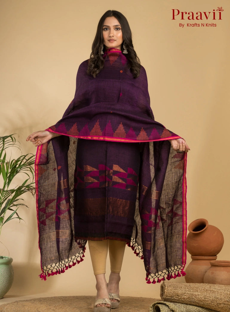 Plum Color Unstitched Pure Linen Handwoven Jamdani Suit Set