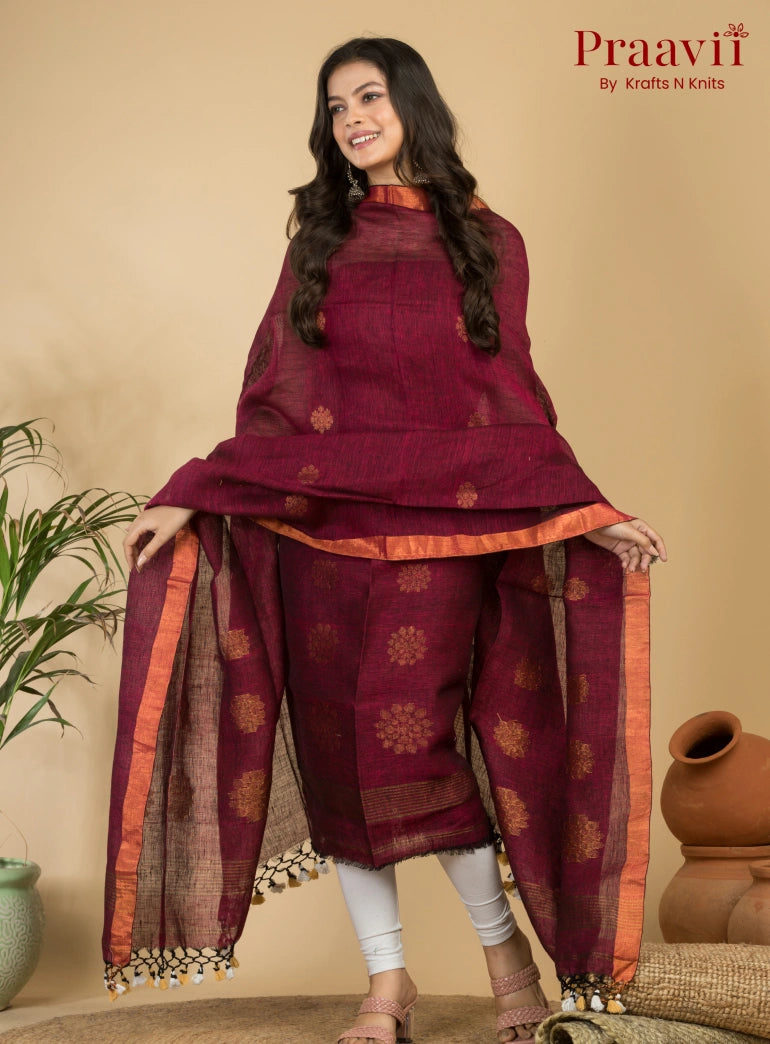 Elegant Maroon Jamdani Linen Suit with Zari Border