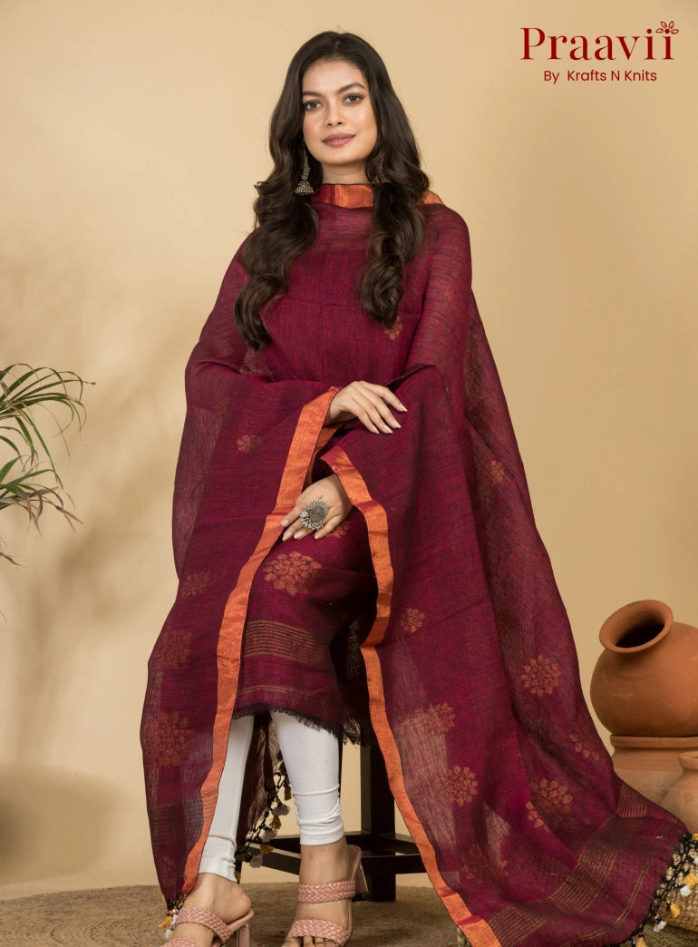 Elegant Maroon Jamdani Linen Suit with Zari Border