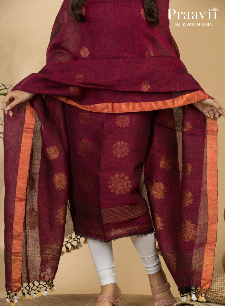 Elegant Maroon Jamdani Linen Suit with Zari Border