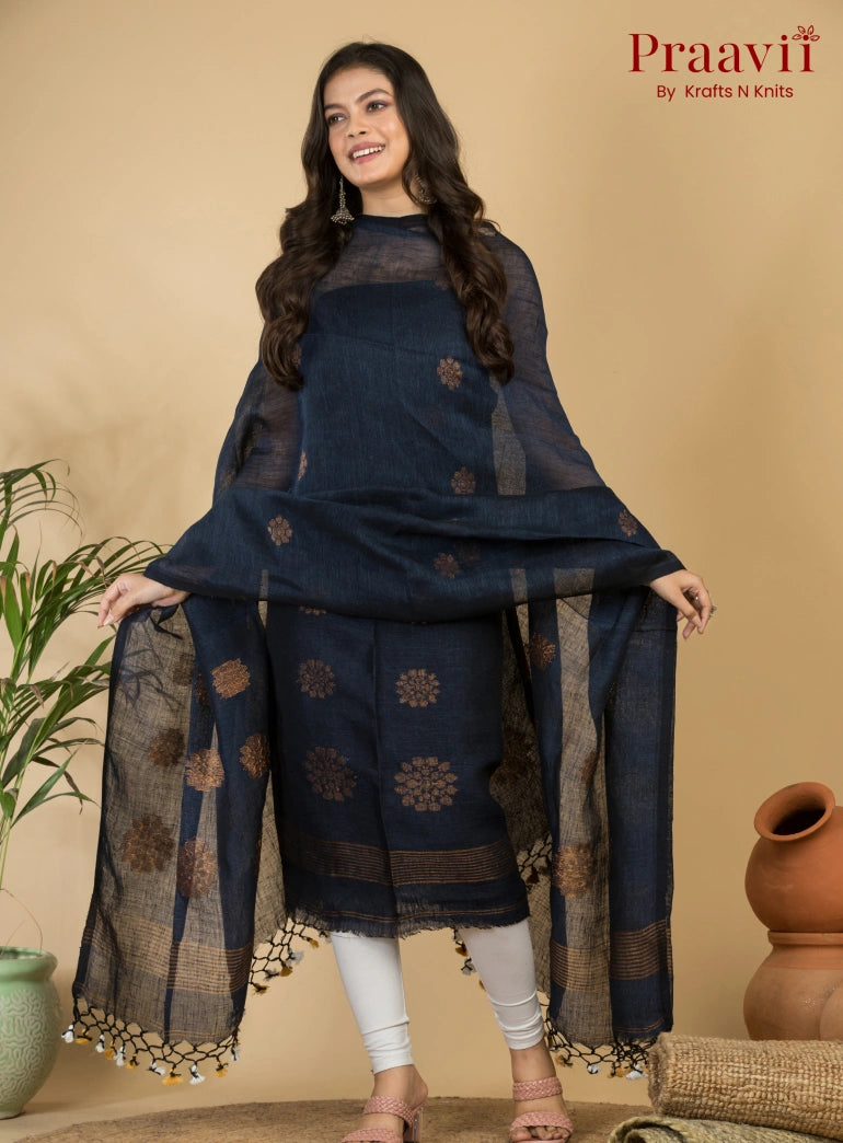 Royal Navy Blue Handloom Lilen Suit with Copper Zari Detailing