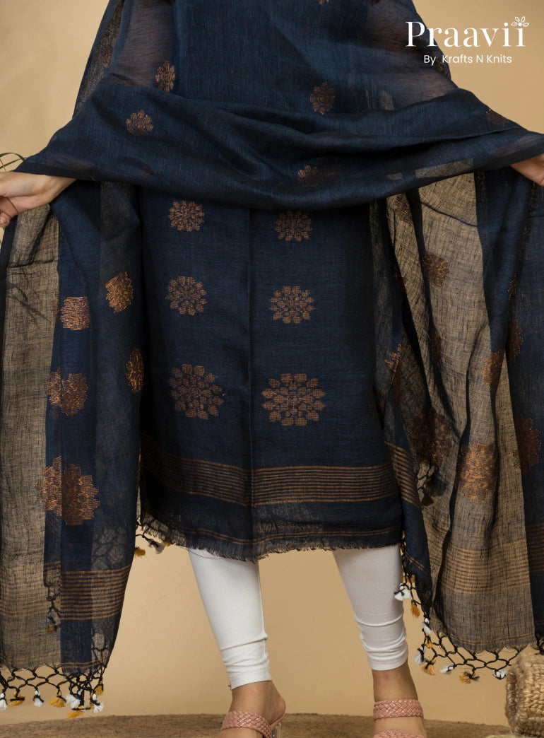 Royal Navy Blue Handloom Lilen Suit with Copper Zari Detailing